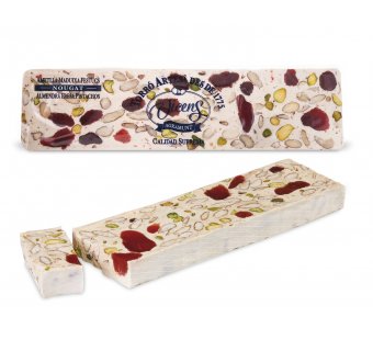 turr�n semiduro de almendra, fresa y pistacho alargado 300g