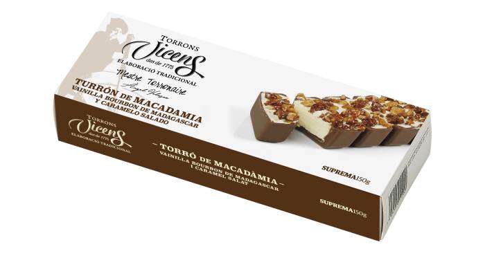 turr�n de macadamia con vainilla bourbon de madagascar y caramelo salado 150g en estuche
